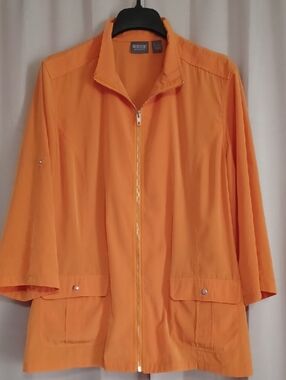 Chico's Orange Lightweight Jacket Zip Front Roll-Tab Sleeves Snap Button Pockets